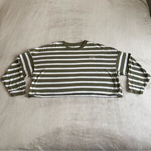 Striped Olive & White Crop Long Sleeve Tee - NYC Embroidered
